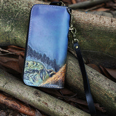 Handmade Tooled Carp Leather Biker Chain Wallet Mens Long Wallet with Chain for Men