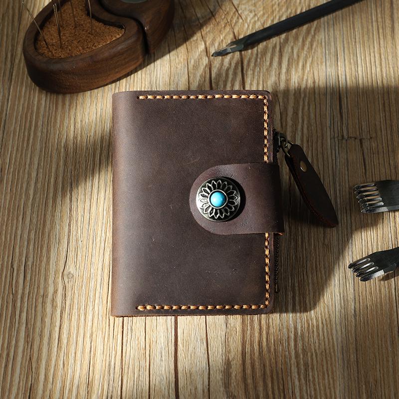 Handmade Vintage Coffee Leather Mens Keys Holder Keys Cards Wallet With Coin Pocket for Men