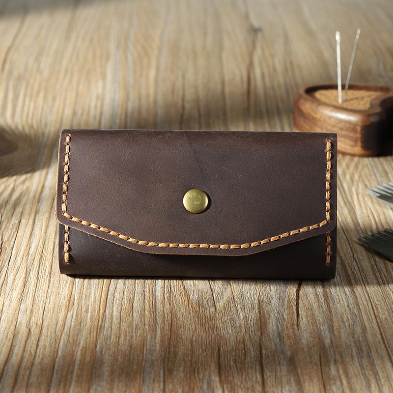 Handmade Vintage Coffee Leather Mens Keys Holder - Bill Slots Detail