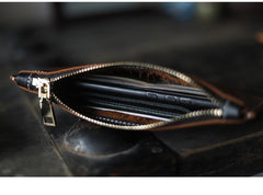 Handmade Women Leather Clutch Wallet Black Slim Zip Clutch Phone Purse For Women