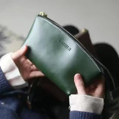 Handmade Women Leather Clutch Wallet Green Toiletry Bag Makeup Bag For Women