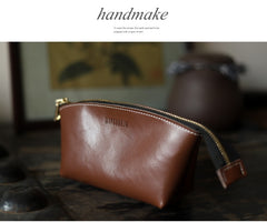 Handmade Women Leather Clutch Wallet Brown Toiletry Bag Makeup Bag For Women