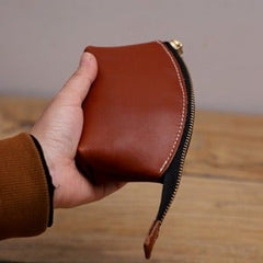 Handmade Women Leather Coin Wallet Brown Minimalist Change Pouch Coin Zip Wallet For Women