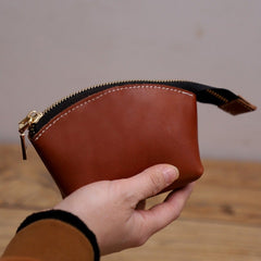 Handmade Women Leather Coin Wallet Brown Minimalist Change Pouch Coin Zip Wallet For Women