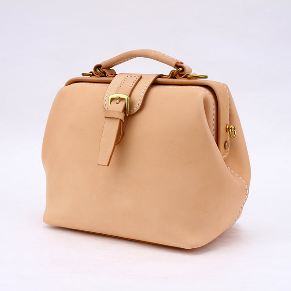 Handmade Womens Beige Leather doctor Handbag shoulder - Back View