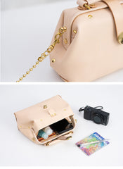 Handmade Womens Beige Small Leather Doctor Handbag Side Purse Doctor Purse for Women