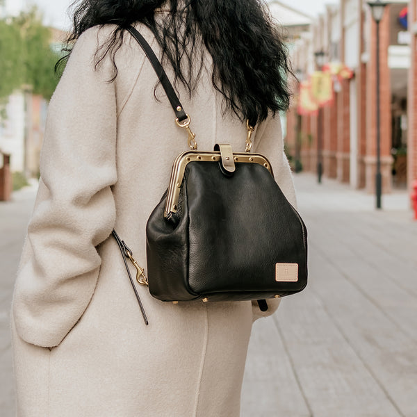 Handmade Womens Black Leather Doctor Backpack Purse - Back View