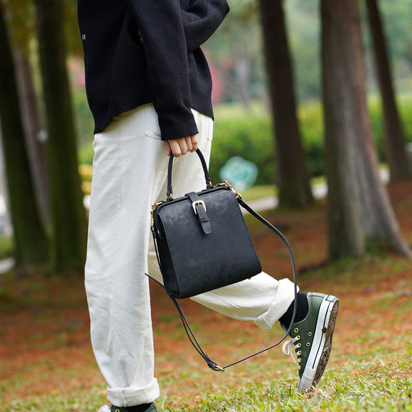 Handmade Womens Black Leather Doctor Handbag Side - Back View