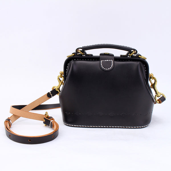 Handmade Womens Black Leather Small doctor Handbag - Back View
