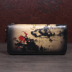 Handmade Womens Black Leather Zip Around Wallet Plum Blossom Wash Painting Flowers Wristlet Wallet Ladies Zipper Clutch Wallet for Women