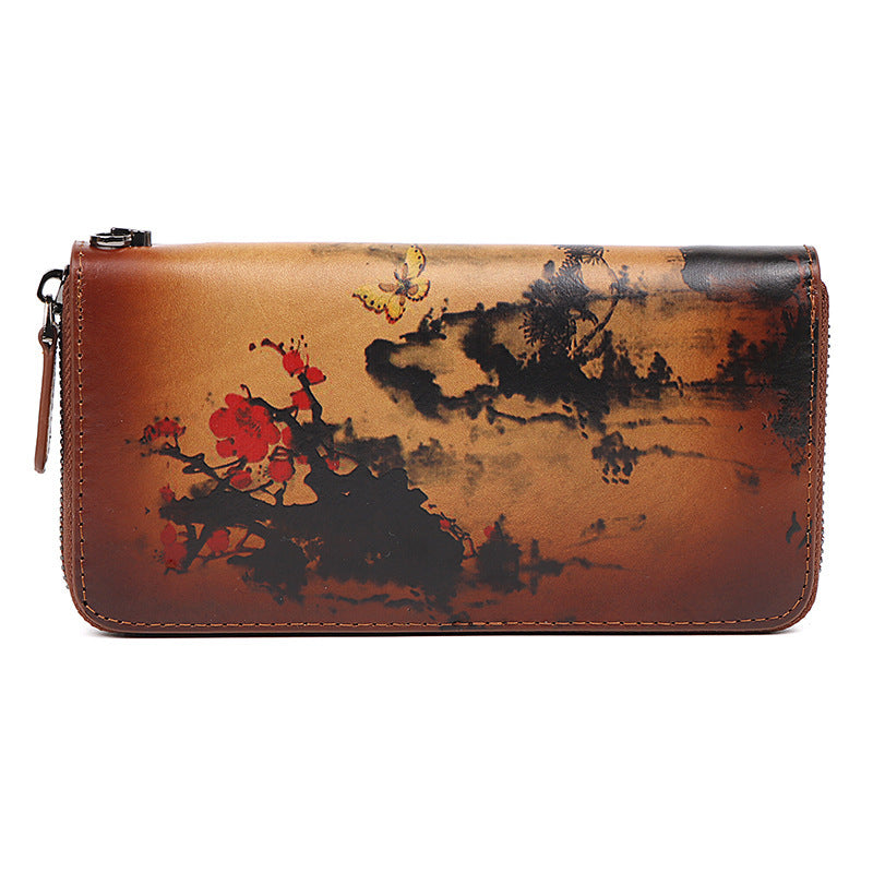 Handmade Womens Brown Leather Zip Around Wallet Plum Blossom Wash Painting Flowers Wristlet Wallet Ladies Zipper Clutch Wallet for Women