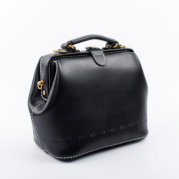 Handmade Womens Black Leather doctor Handbag shoulder - Back View