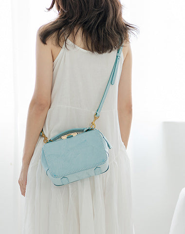 Handmade Womens Blue Leather Doctor Handbag Purse Small Side Bag Doctor Purse for Women