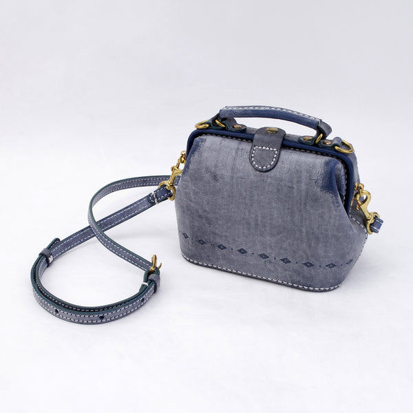 Handmade Womens Blue Leather Mini doctor Handbag - Back View
