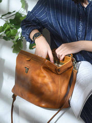 Handmade Womens Brown Leather Doctor Large Handbag Purses Vintage Brown Doctor Side Purse for Women