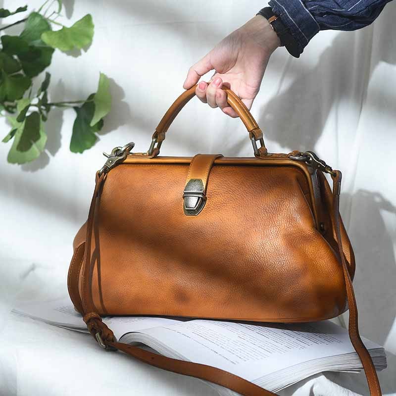 Handmade Womens Brown Leather Doctor Large Handbag Purses Vintage Brown Doctor Side Purse for Women