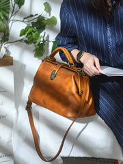 Handmade Womens Brown Leather Doctor Large Handbag Purses Vintage Brown Doctor Side Purse for Women