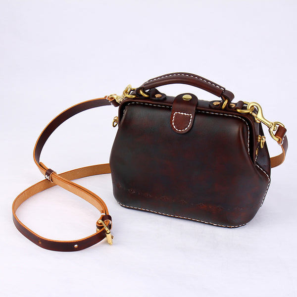 Handmade Womens Coffee Leather Mini doctor Handbag - Back View