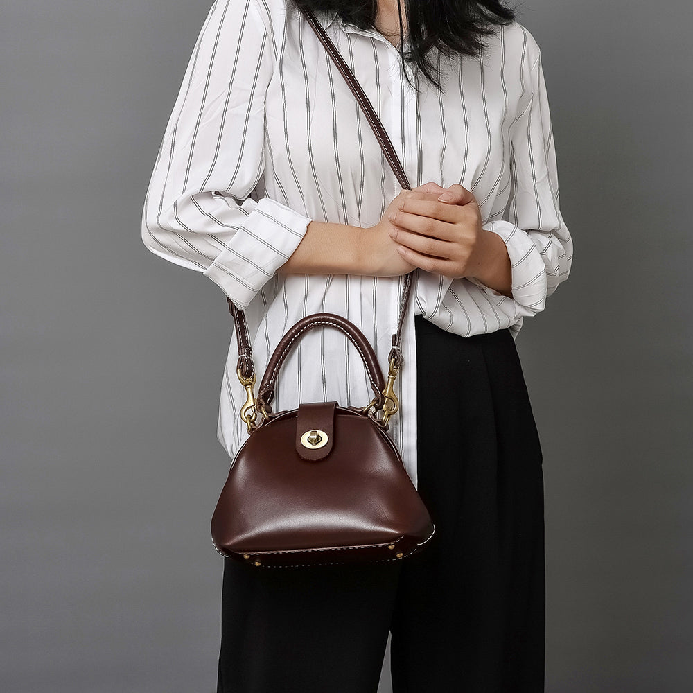 Handmade Womens Coffee Leather doctor Handbag Classic shoulder doctor bags Purse for women