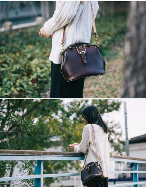 Handmade Womens Coffee Leather doctor Handbag shoulder doctor bags Purse for wom DB07891008