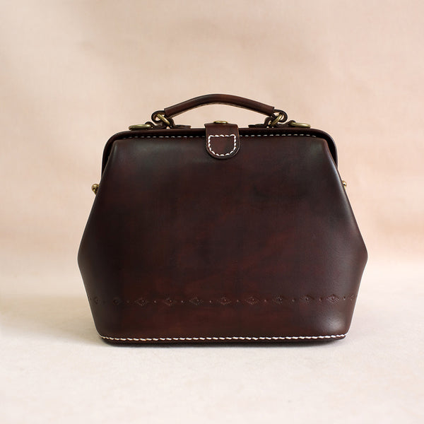 Handmade Womens Coffee Leather doctor Handbag shoulder - Back View