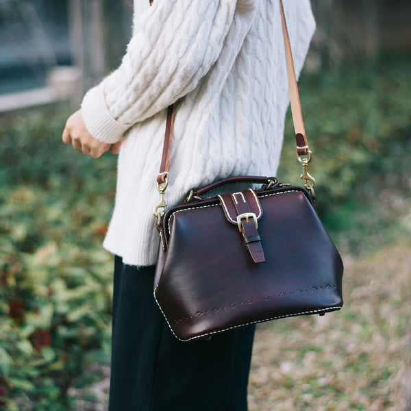 Handmade Womens Coffee Leather doctor Handbag shoulder - Back View