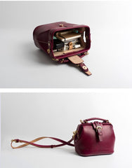 Handmade Womens Dark Red Leather Small doctor Purse Raspberry shoulder doctor bags for women