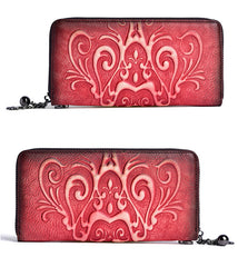 Handmade Womens Floral Leather Zip Around Wallet Wristlet Wallet Floral Ladies Zipper Clutch Wallet for Women