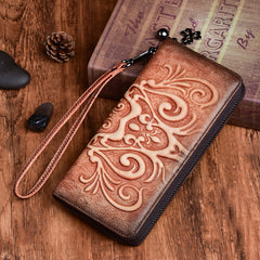 Handmade Womens Floral Leather Zip Around Wallet Wristlet Wallet Floral Ladies Zipper Clutch Wallet for Women