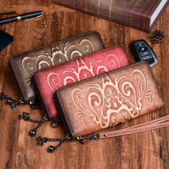 Handmade Womens Floral Coffee Leather Zip Around Wallet Wristlet Wallet Floral Ladies Zipper Clutch Wallet for Women