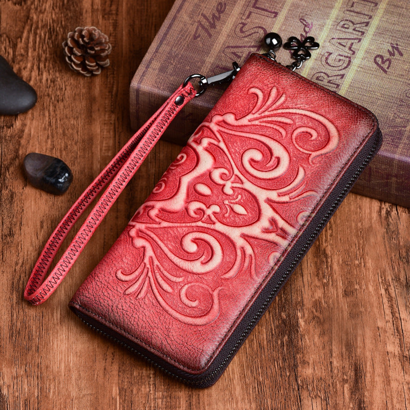 Handmade Womens Floral Red Leather Zip Around Wallet Wristlet Wallet Floral Ladies Zipper Clutch Wallet for Women