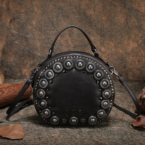 Womens Gray Leather Round Handbag Purses Rivet Round Handmade Shoulder Bag Crossbody Handbag for Women
