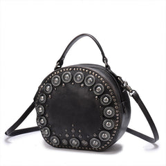 Womens Gray Leather Round Handbag Purses Rivet Round Handmade Shoulder Bag Crossbody Handbag for Women
