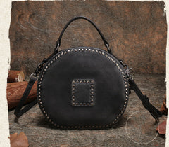 Womens Gray Leather Round Handbag Purses Rivet Round Handmade Shoulder Bag Crossbody Handbag for Women