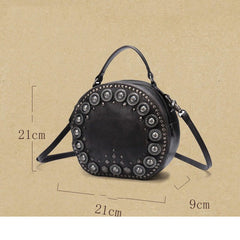 Womens Gray Leather Round Handbag Purses Rivet Round Handmade Shoulder Bag Crossbody Handbag for Women