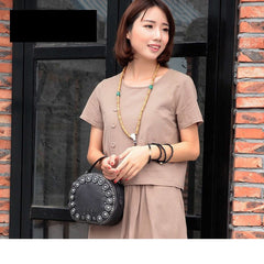 Womens Gray Leather Round Handbag Purses Rivet Round Handmade Shoulder Bag Crossbody Handbag for Women