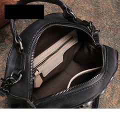 Womens Gray Leather Round Handbag Purses Rivet Round Handmade Shoulder Bag Crossbody Handbag for Women