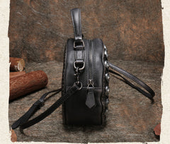Womens Gray Leather Round Handbag Purses Rivet Round Handmade Shoulder Bag Crossbody Handbag for Women