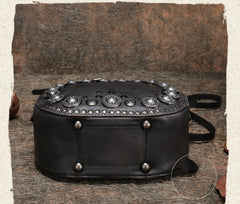 Womens Gray Leather Round Handbag Purses Rivet Round Handmade Shoulder Bag Crossbody Handbag for Women