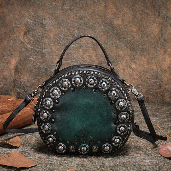 Womens Gray Leather Round Handbag Purses Rivet - Bill Slots Detail