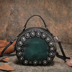 Womens Gray Leather Round Handbag Purses Rivet Round Handmade Shoulder Bag Crossbody Handbag for Women