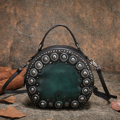 Womens Gray Leather Round Handbag Purses Rivet Round Handmade Shoulder Bag Crossbody Handbag for Women