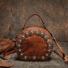 Handmade Womens Brown Leather Round Handbag Purses Rivet Round Shoulder Bag Crossbody Handbag for Women