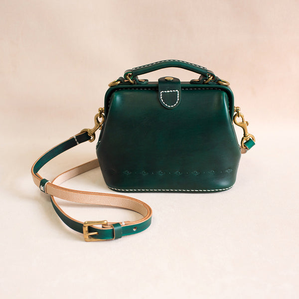 Handmade Womens Green Leather Mini doctor Handbag - Back View