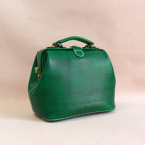 Handmade Womens Green Leather doctor Handbag shoulder - Back View