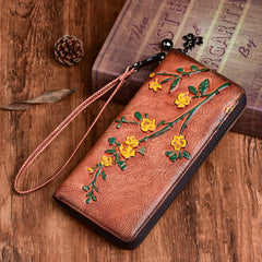 Handmade Womens Coffee Leather Plum Blossom Flowers Wristlet Wallet Zip Around Wallet Ladies Zipper Clutch Wallet for Women