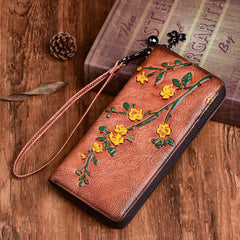Handmade Womens Brown Leather Plum Blossom Flowers Wristlet Wallet Zip Around Wallet Ladies Zipper Clutch Wallet for Women