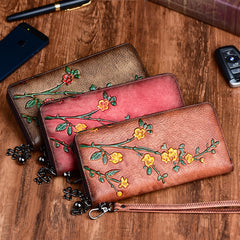 Handmade Womens Coffee Leather Plum Blossom Flowers Wristlet Wallet Zip Around Wallet Ladies Zipper Clutch Wallet for Women