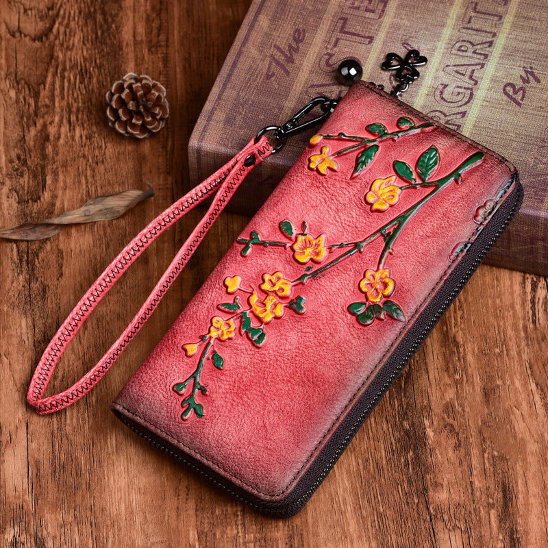 Handmade Womens Red Leather Plum Blossom Flowers Wristlet Wallet Zip Around Wallet Ladies Zipper Clutch Wallet for Women