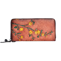 Handmade Womens Red Leather Plum Blossom Flowers Wristlet Wallet Zip Around Wallet Ladies Zipper Clutch Wallet for Women